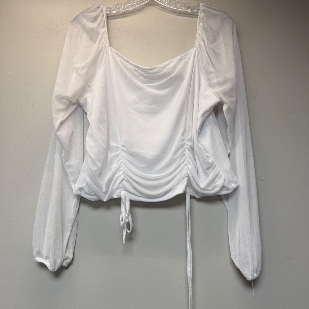 Ambiance Ruched Mesh Top Womens 3X White Excellent Long Sleeve Square Neck 74171